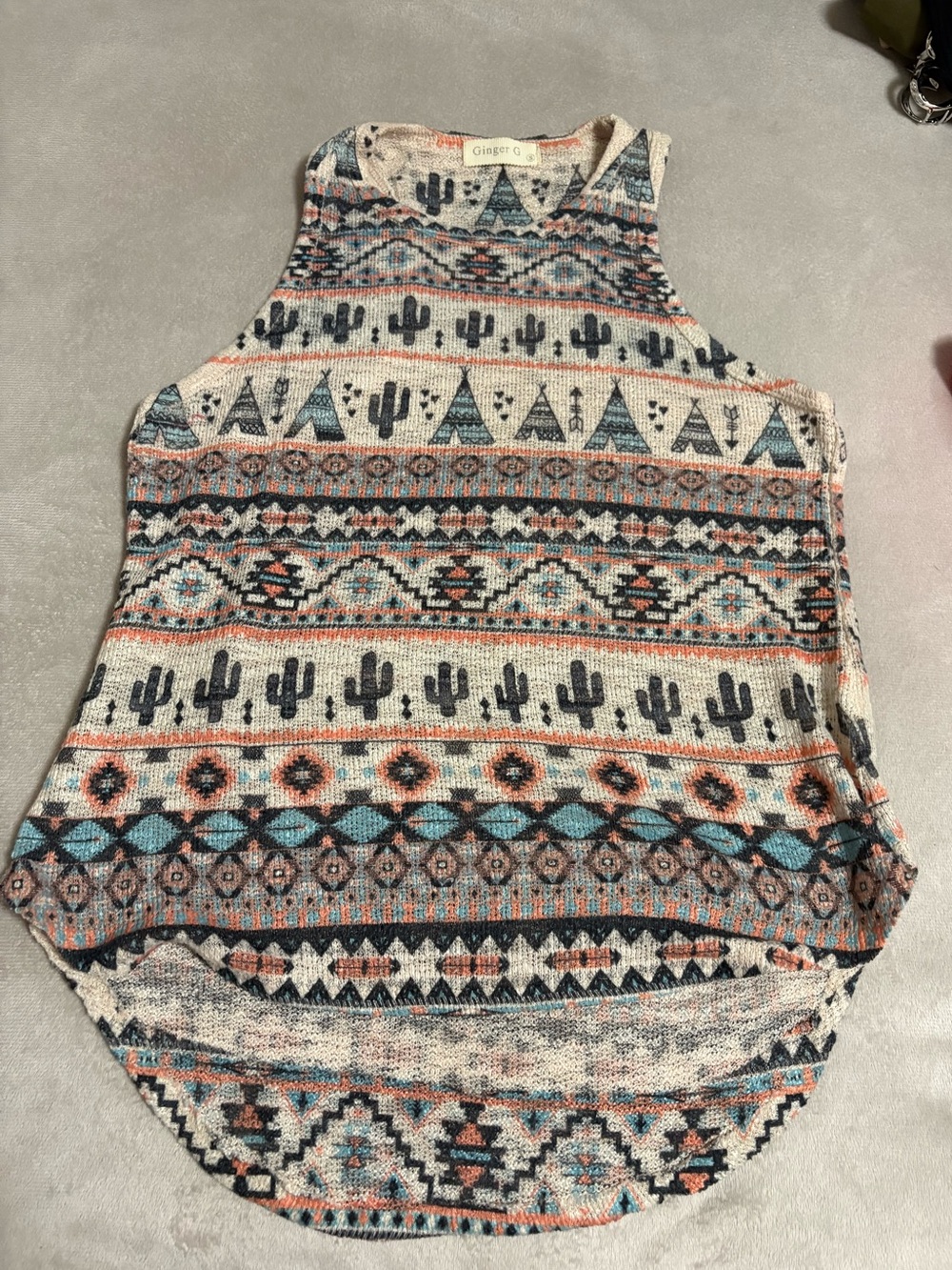 Ginger G Cream Aztec & Cactus Print Knit Tank